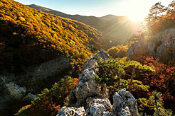 Рассветные лучи осеннего Солнца ещё не достигли глубин Большого каньона Крыма.